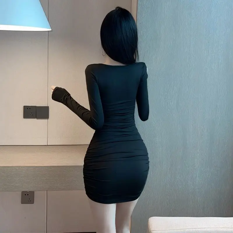 Women Long Sleeve Square Neck Wrap Hip Dress Sexy Low Cut Bodycon Tight Party Club Night Short Dress Going Out Outfits Dress