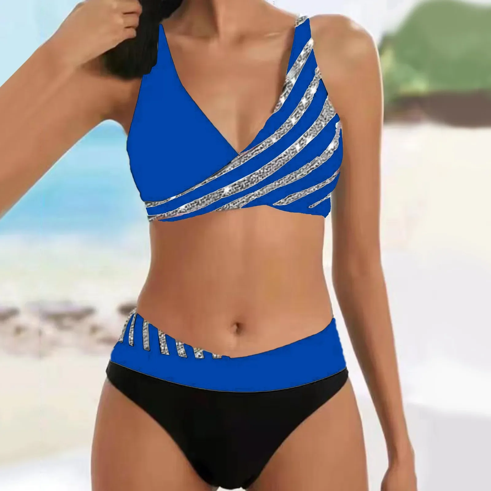 Bikini con estilo para mujer, traje de baño de retazos de rayas brillantes, Tankini de contraste de Color, ropa de playa para vacaciones y viajes