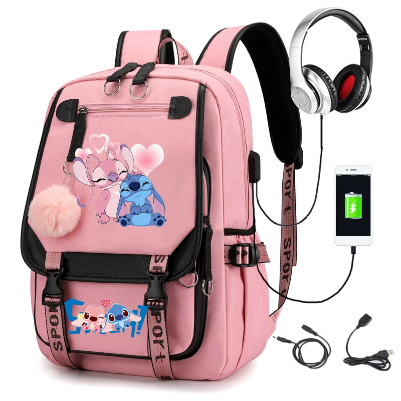 Lilo & Stitch USB Backpacks Multifunction Pocket Patchwork School Bags Big Laptop Mochila Escolar For Teens Boys Girls