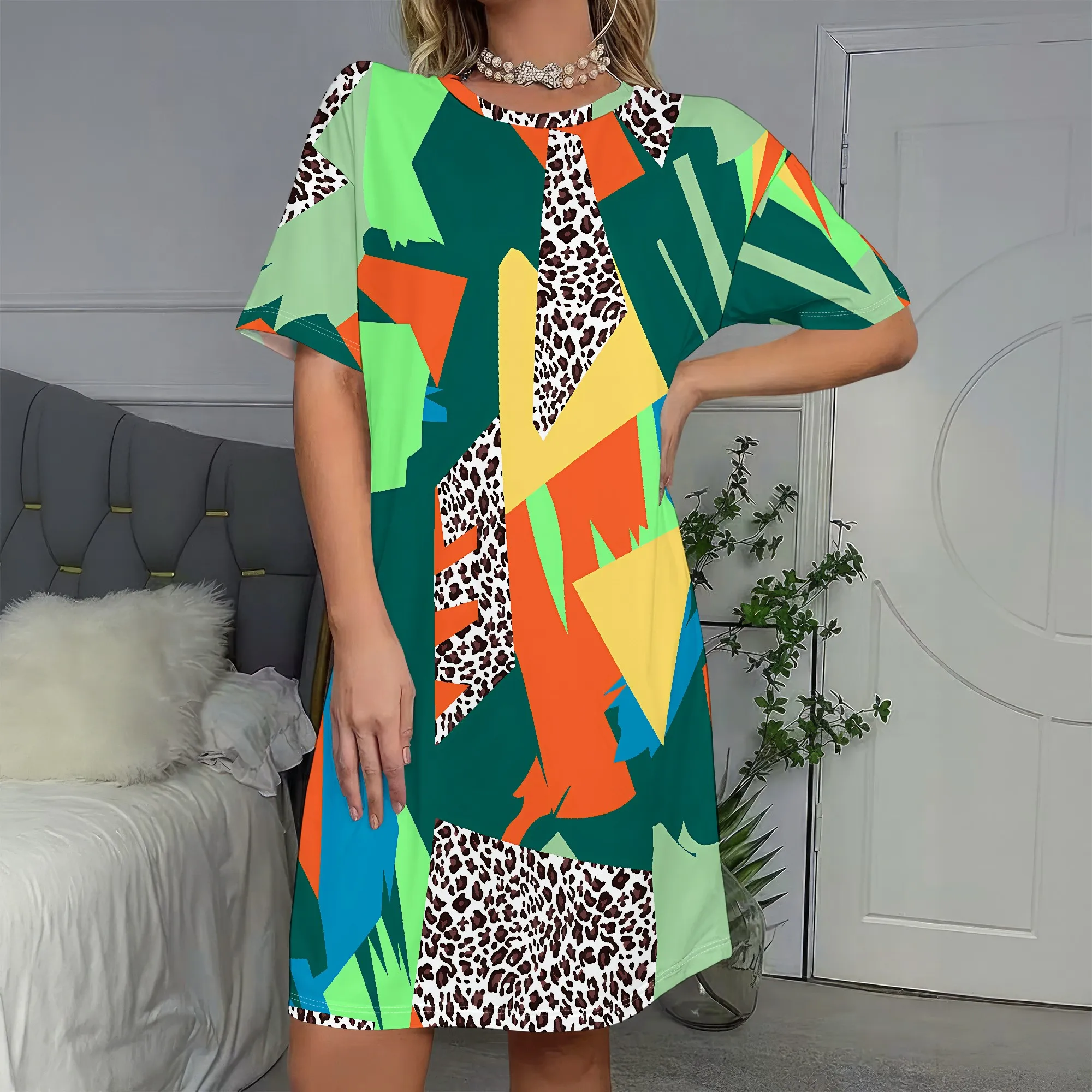 

Leopard Patchwork Short Sleeve Shift Dress, Geometric Color Block Casual Tunic, Summer Beach Vacation Wear S-2XL