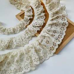 Beige Gold Thread Embroidery Hollow Pleated Cotton Fabric Lace DIY Girls Clothing Skirt Sofa Curtain Edge Sewing Material Supply