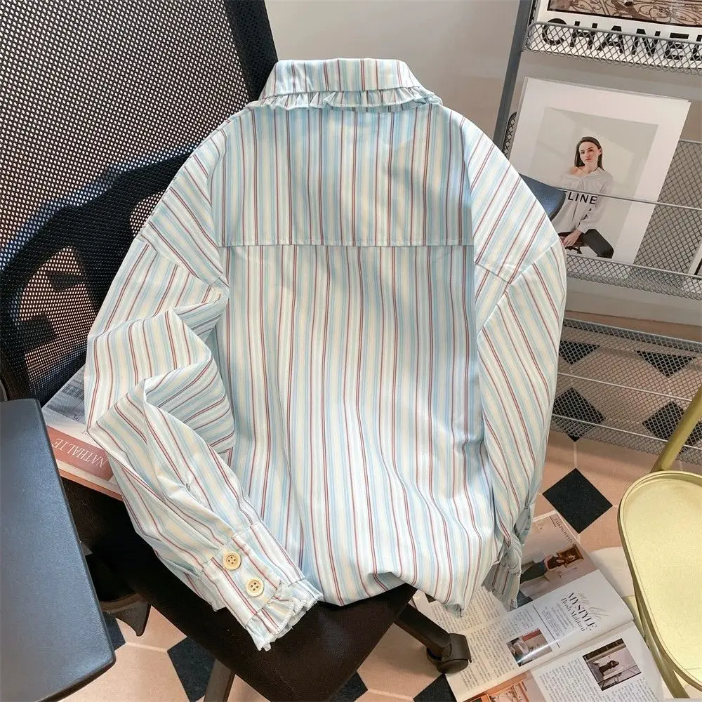 Female Peter Pan Collar Buttons Striped Shirts Autumn Trend Pocket Ruffles Turn-down Collar Long Sleeve Shirts Casual Top Tee