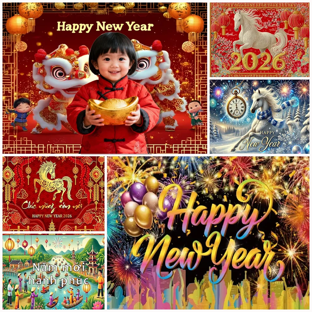 

2026 Happy Chinese New Year Theme Horse Lion Dance Red Gold Lantern backdrop Party Vietnamese New Year Photo Background Kid Gift