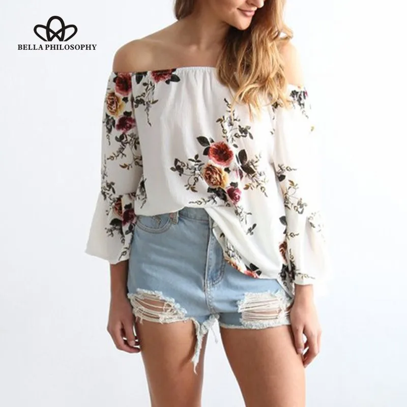 

Bella Philosophy шифоновая блузка с открытыми плечами, женская сексуальная летняя белая блузка с принтом, повседневная крутая блузка с расклешенными рукавами