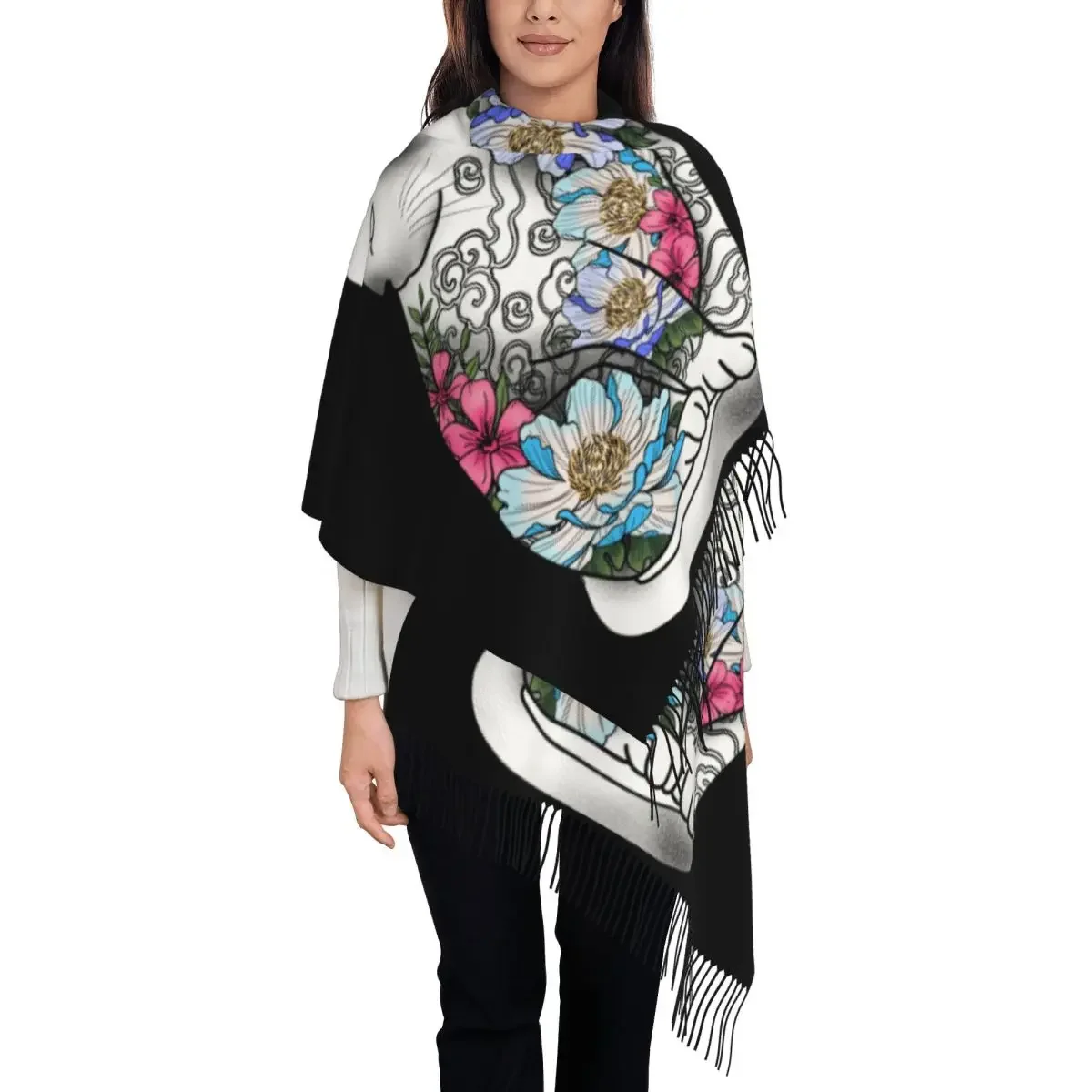 Custom Kitsune Cat With Colorful Koi Fish And Flowers Tassel Scarf Women Soft Shawls Wraps Lady Winter Scarves