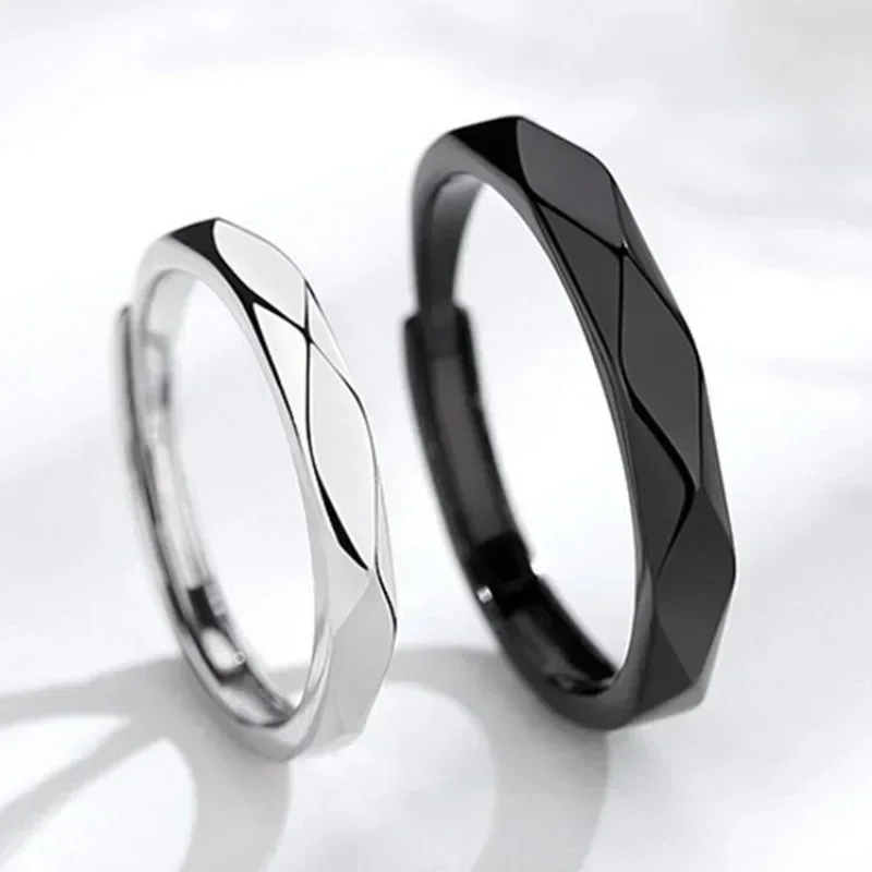 1Pair Black White Lozenge Couple Rings Open Ring for Women Men Adjustable Finger Rings Romantic Lovers Anniversary Jewelry Gift