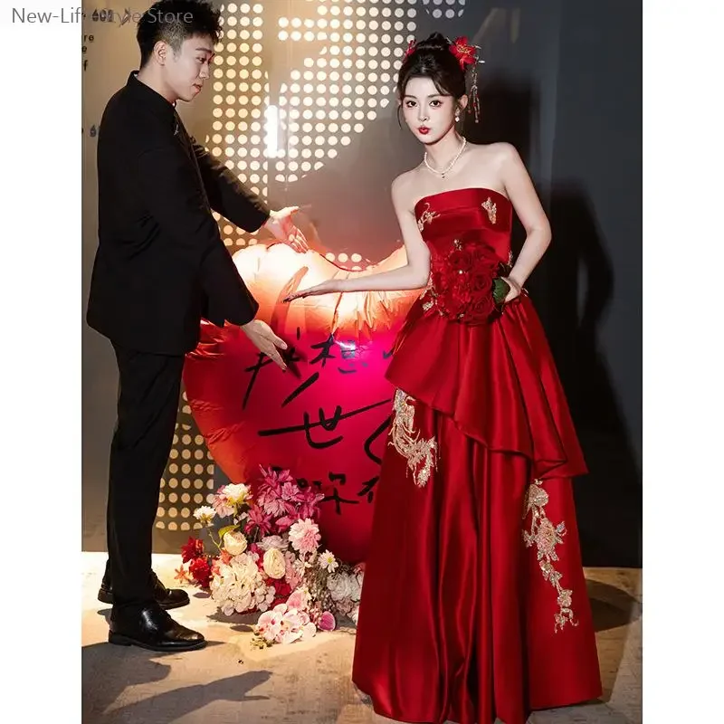 

Women Elegant Embroidered Long Dress 2026 New Chinese Style Red Bridal Toast Gown Wedding Party Engagement Wear