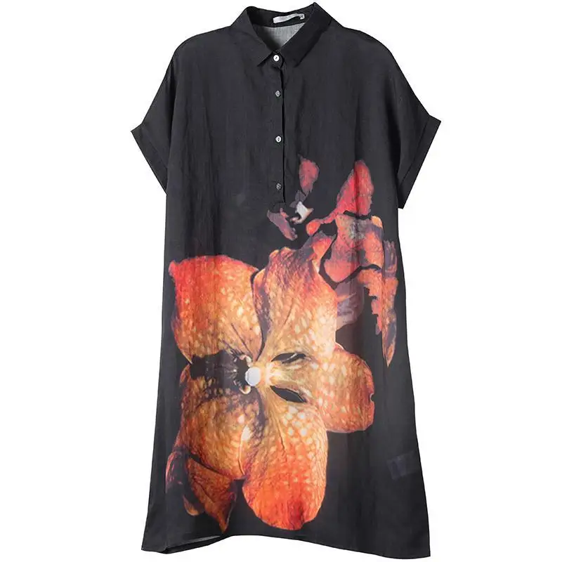Vintage Fashion Summer Cotton Hemp Women\'s POLO Collar Printing Button Elegant Casual Loose Short Sleeve Mid-length Shirt Dress