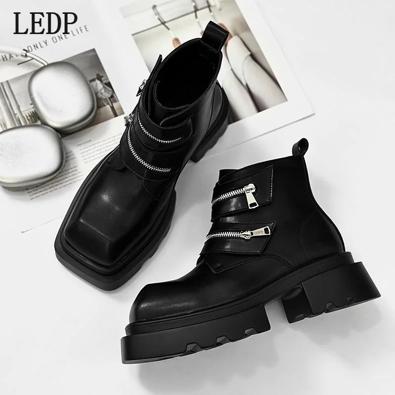 

LEDP Square-toe Short Boots for Autumn 2025 High-top British-style Height-increasing Chelsea Derby Men's Boots and Leather Shoes