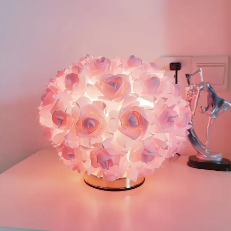 Creative Country Rose Gold Plate Romantic Lamp for Gift Wedding Birthday Princess Girl Bedroom Valentine's Day Bedside Light