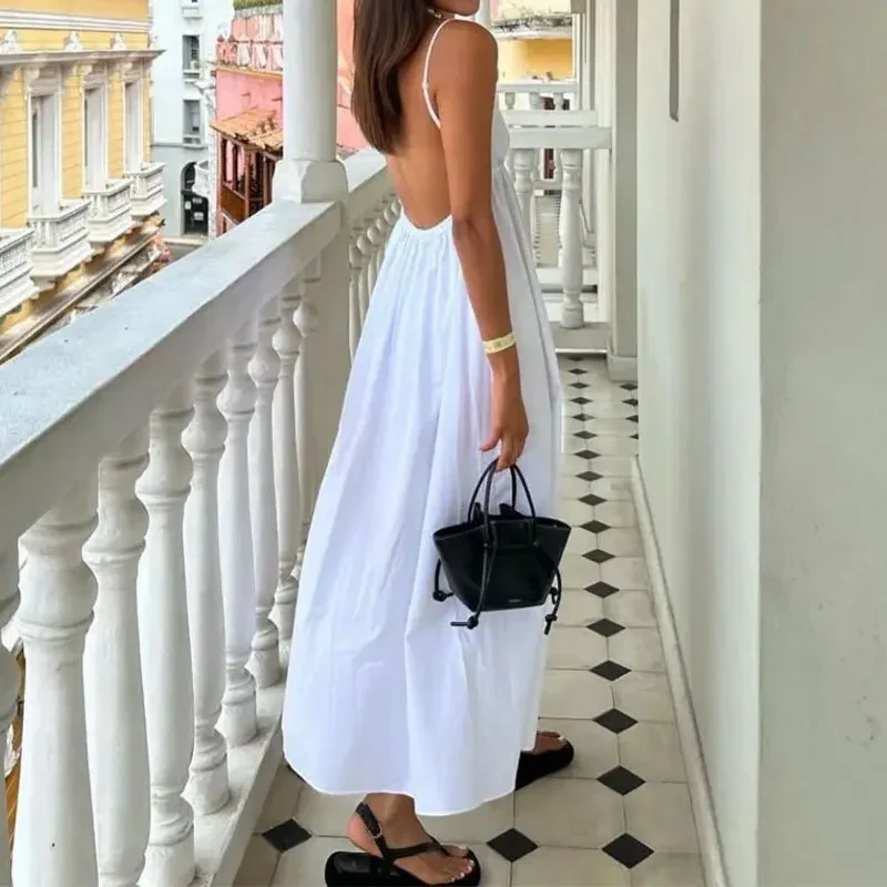 Women's Backless Midi Dress Waistband V Neck Solid Pullover High Waisted Loose Fitting Camisole A-line Robe New Chic Dress 원피스
