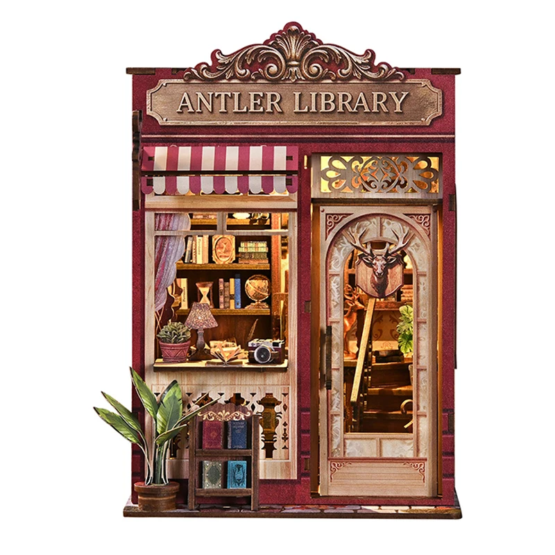 DIY Book Nook Wooden Miniature Model Kits Antler Library Bookend 3D Puzzle Bookshelf for Friends Birthday Gifts
