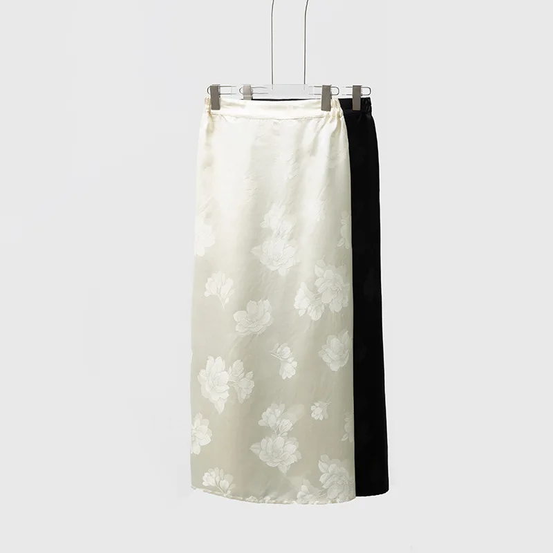 High Quality Silk Jacquard Satin Split Skirt Female Retro National Style Half Elastic Waist Summer New