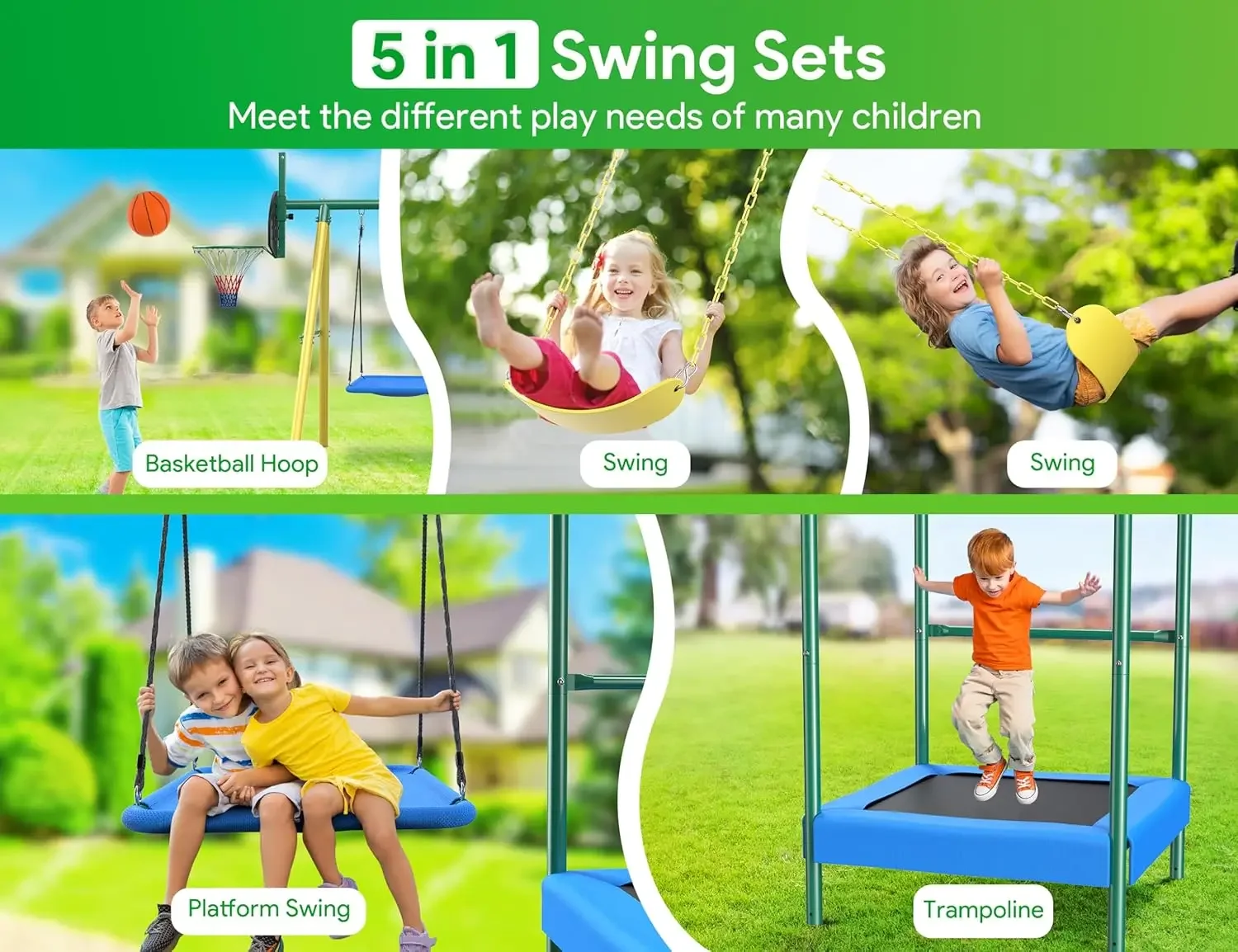 Sets for Backyard, 5-in-1 Outdoor Swing Set, 660 lbs Heavy Duty Extra Large Metal Kids Swing Sets with Trampoline, Platform Swin