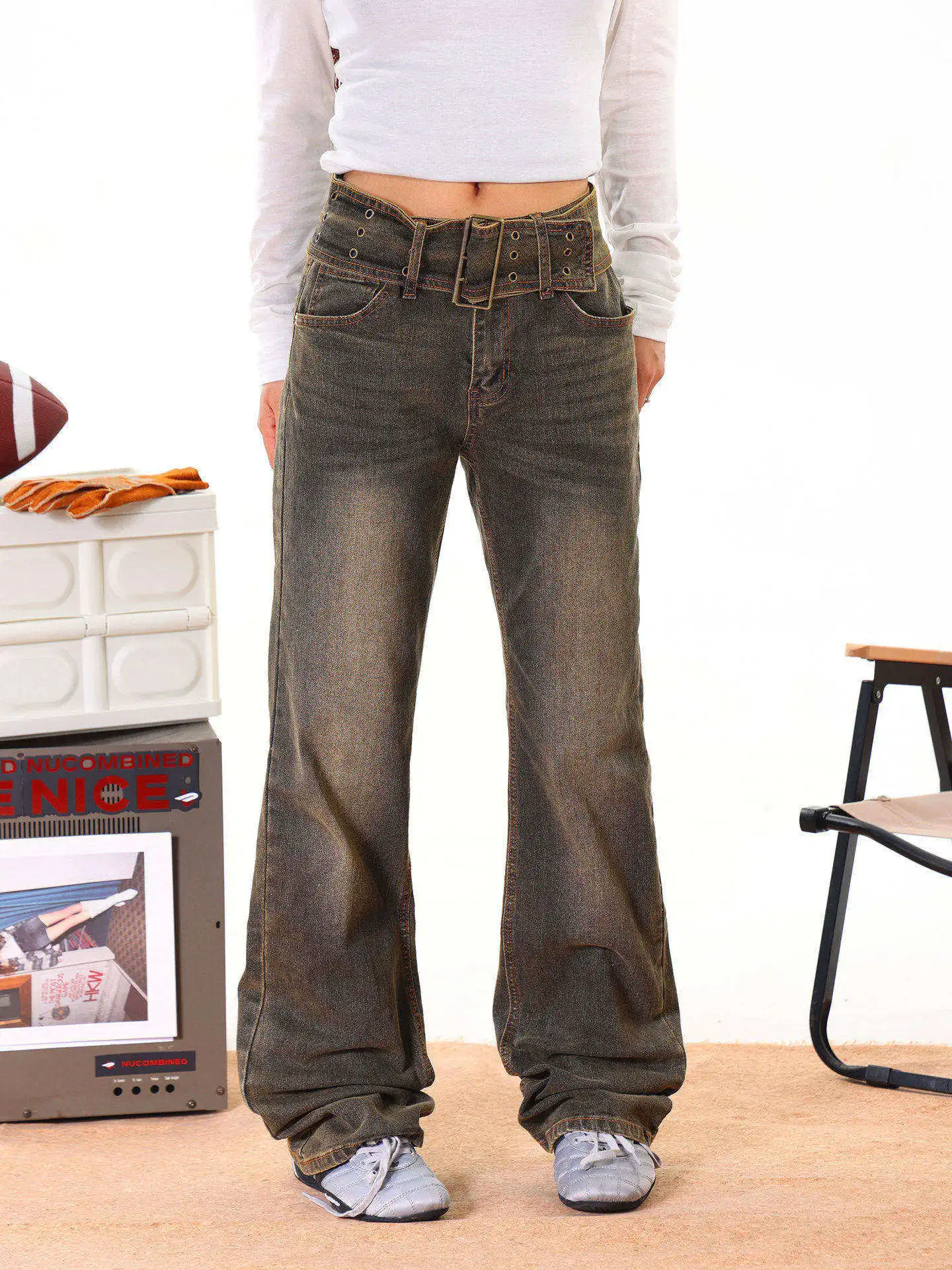 

Светло-голубые американские джинсы с высокой талией и широкими штанинами, женские, на раннюю весну, свободного кроя, стройнящие, длинные брюки