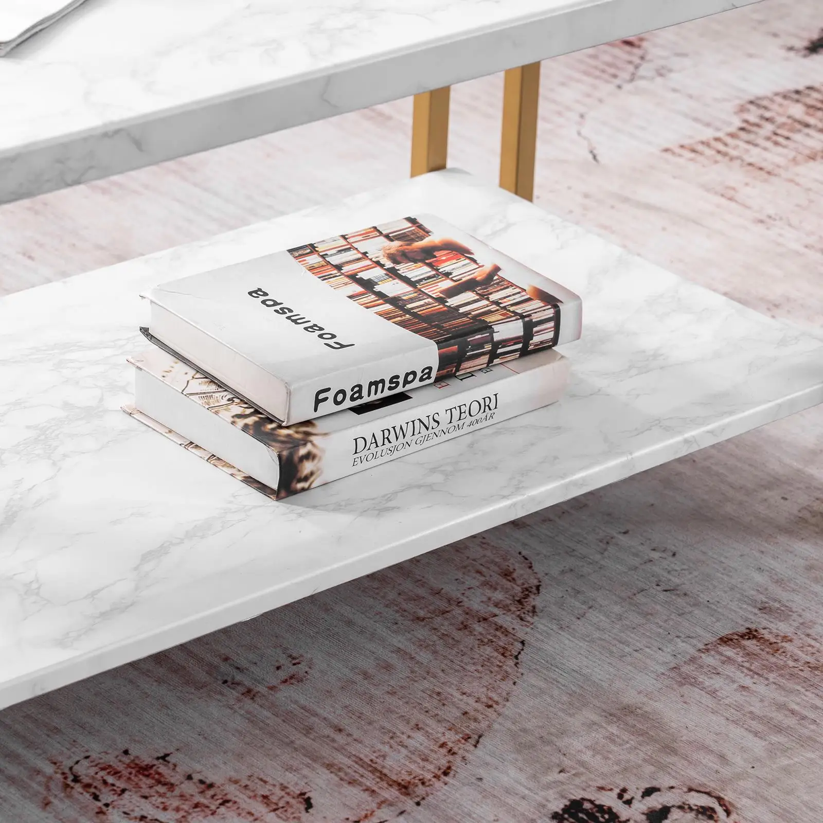 Elegant Double-Layer Golden Iron  & Marble PVC Rectangular Coffee Table (106x50x48cm) - Stylish Home Decor