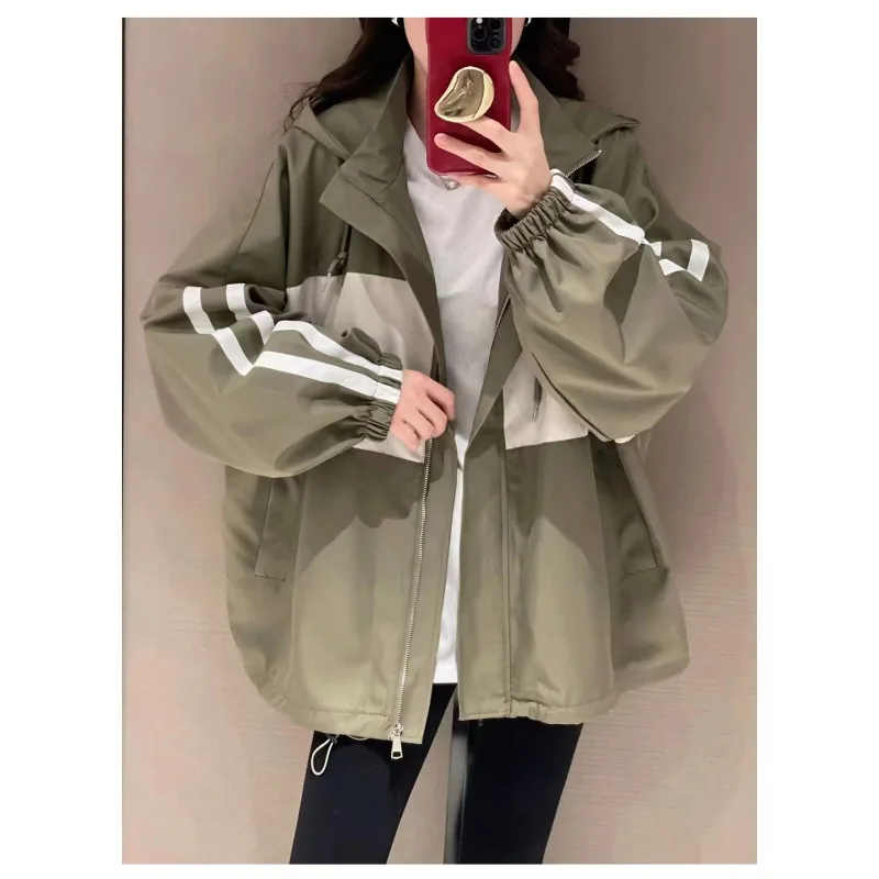 

Hooded Contrast Zipper Pocket Long-sleeved Cardigan Fashionable Casual Jacket Top