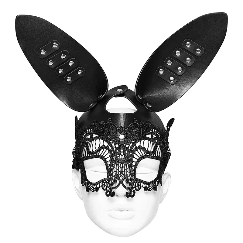 PUNK RAVE-Masque Gothique 3D Oreilles de Lapin pour Femme, Couture en Dentelle autour des Yeux, Accessoires Sexy pour Halloween, Cosplay Mignon