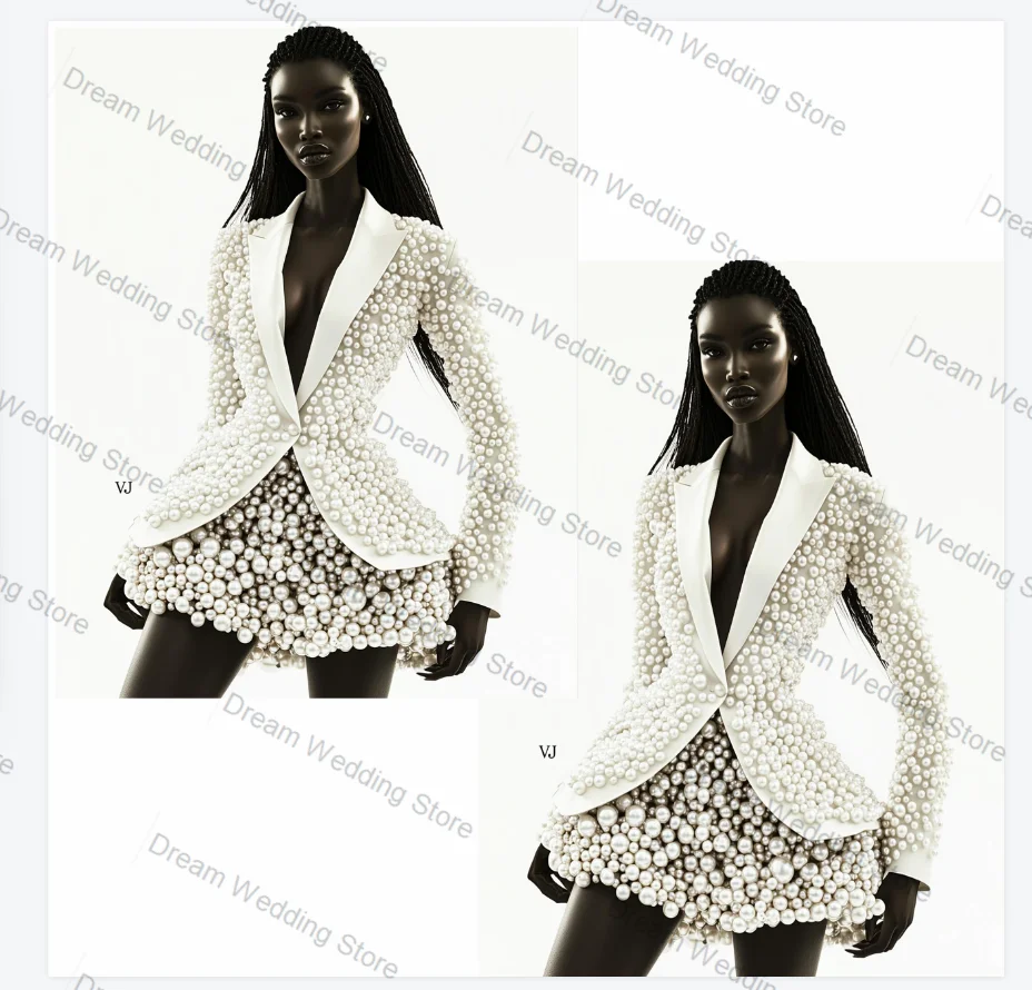 White Pearls Women Suit Skirt Set 2 Pcs Blazer Prom Dress Luxury Formal Office Jacket Customized Wedding Coat(No Back Pearls)