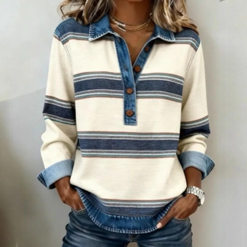 Vintage Clothes Woman Elegant Turn-down Collar Button Sweatshirts Spring Patchwork Denim Top Pullover Long Sleeve Autumn Hoodies