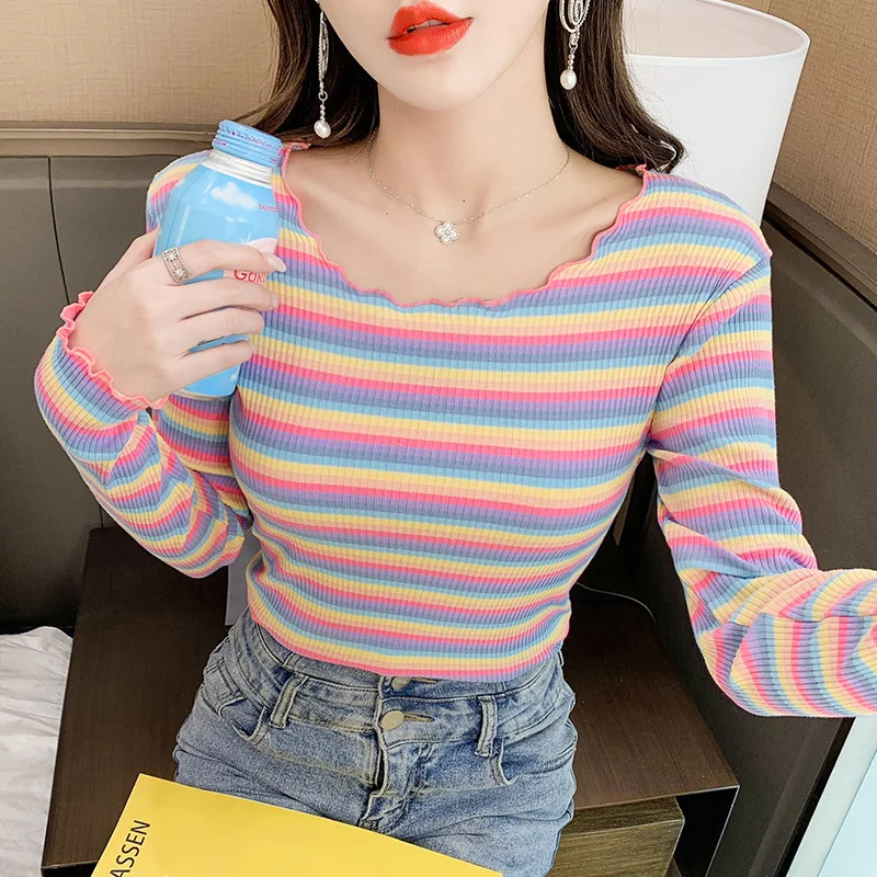 pure cotton Women T-shirt korean long Sleeve Rainbow stripe Graphic Casual Female Tee Tops harajuku Ladies slim Kawaii t-shirts