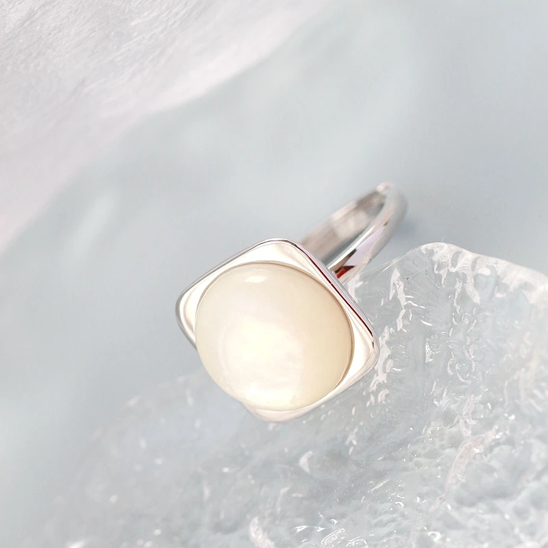 Inlaid Natural Mother Of Pearl Shell Silver Ring Classic Geometric Square Design Modern Fashion 925 Sterling Silver Women  Ring