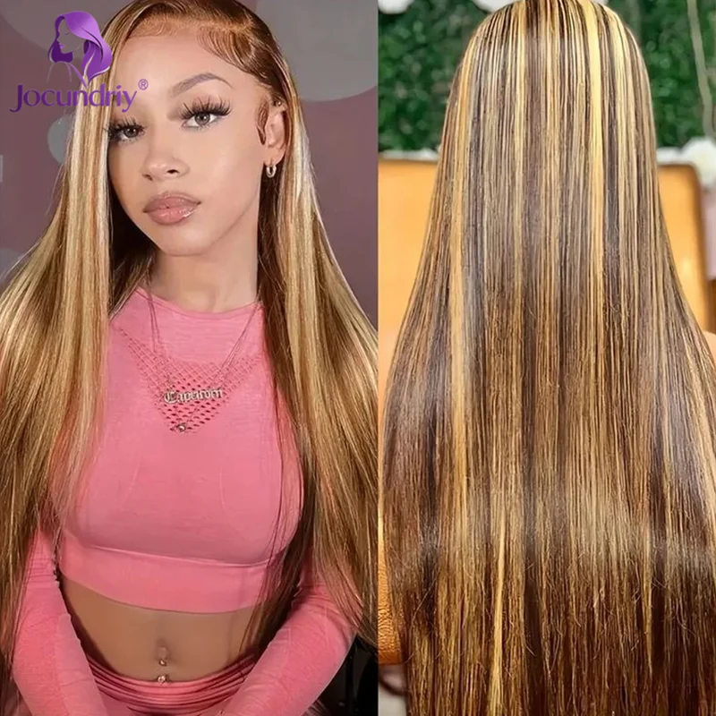 

Honey Blonde Colored Wig 200% Density Human Hair Wigs 13x4 Transparent Lace Front WigsStraight Lace Front Wig Highlight Ombre