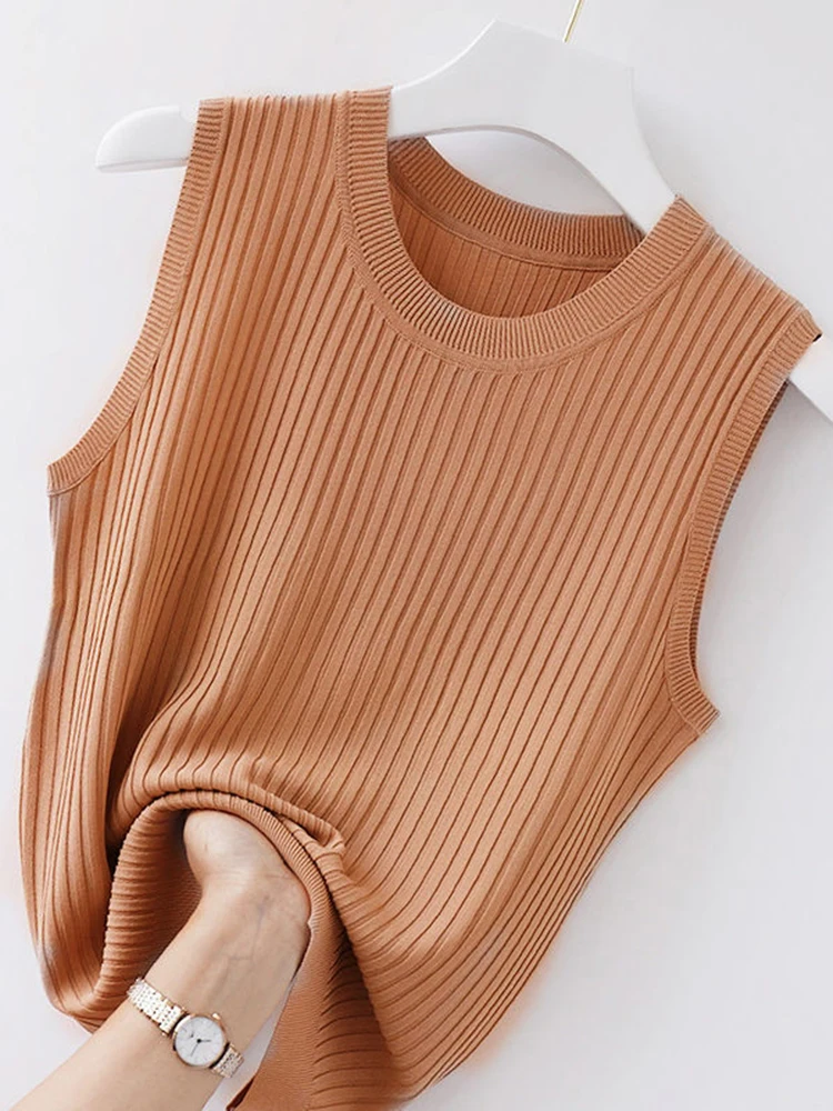 Korea Knitted Vests Women Top Summer Sleeveless Blouse Women O-neck Knitted Blouse Shirt Women Clothes Women Tops