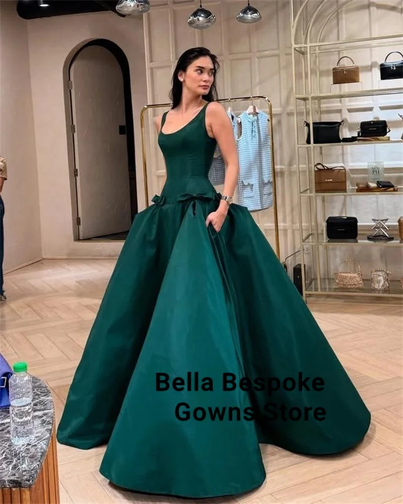 

Green Luxury Satin Evening Dresses Sleeveless Bow Formal Long Prom Dresses Pleats Graduation Party Gowns 2025 Customized
