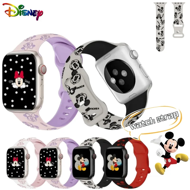 Tali Silikon Terukir Mickey Mouse Kartun Disney untuk Gelang Apple IWatch S10/1-9 Hadiah Liburan Mode Pribadi