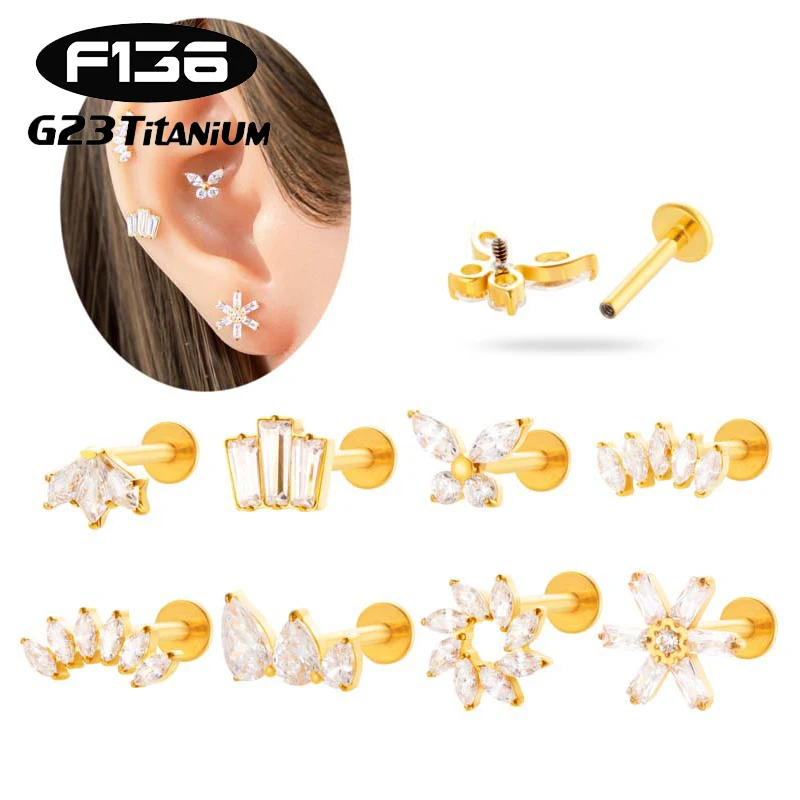 1PC G23 Solid Titanium Zircon Flower Horse's Eye Internal Thread Stud Tragus Cartilage Earring Stud Lobe Labret Piercing Jewelry
