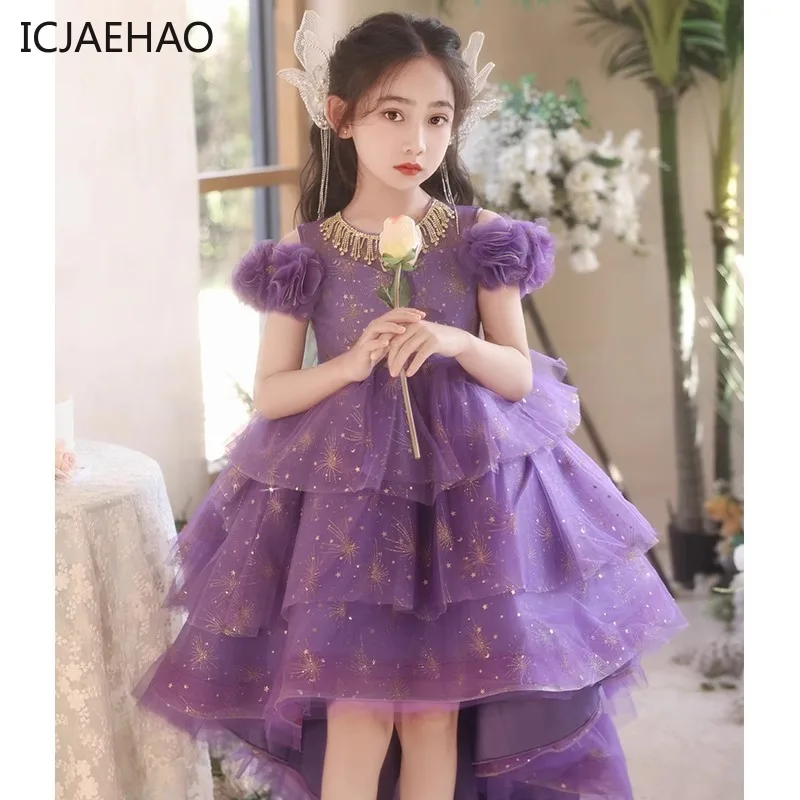 ICJAEHAO 2024 Purple Tailing Girl  Elegant Princes Dresses Luxury High Grade Clothing Tulle Layered Cake for Children Outfit