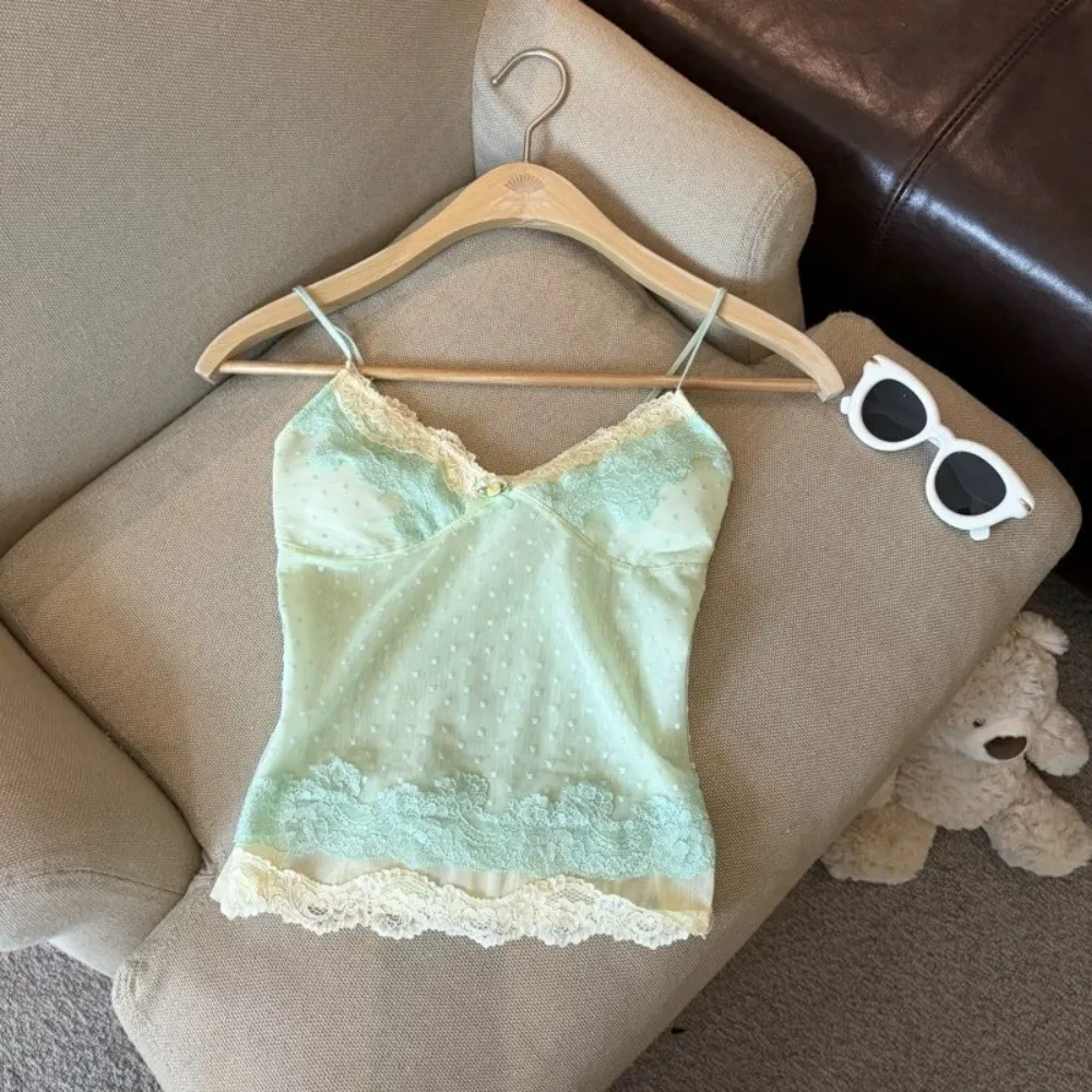 Slim Fit Women’s Tank Tops Lace Trim Breathable Double-layer Polka Dot Crop Tops Spaghetti Strap Sexy Sleeveless Top Summer