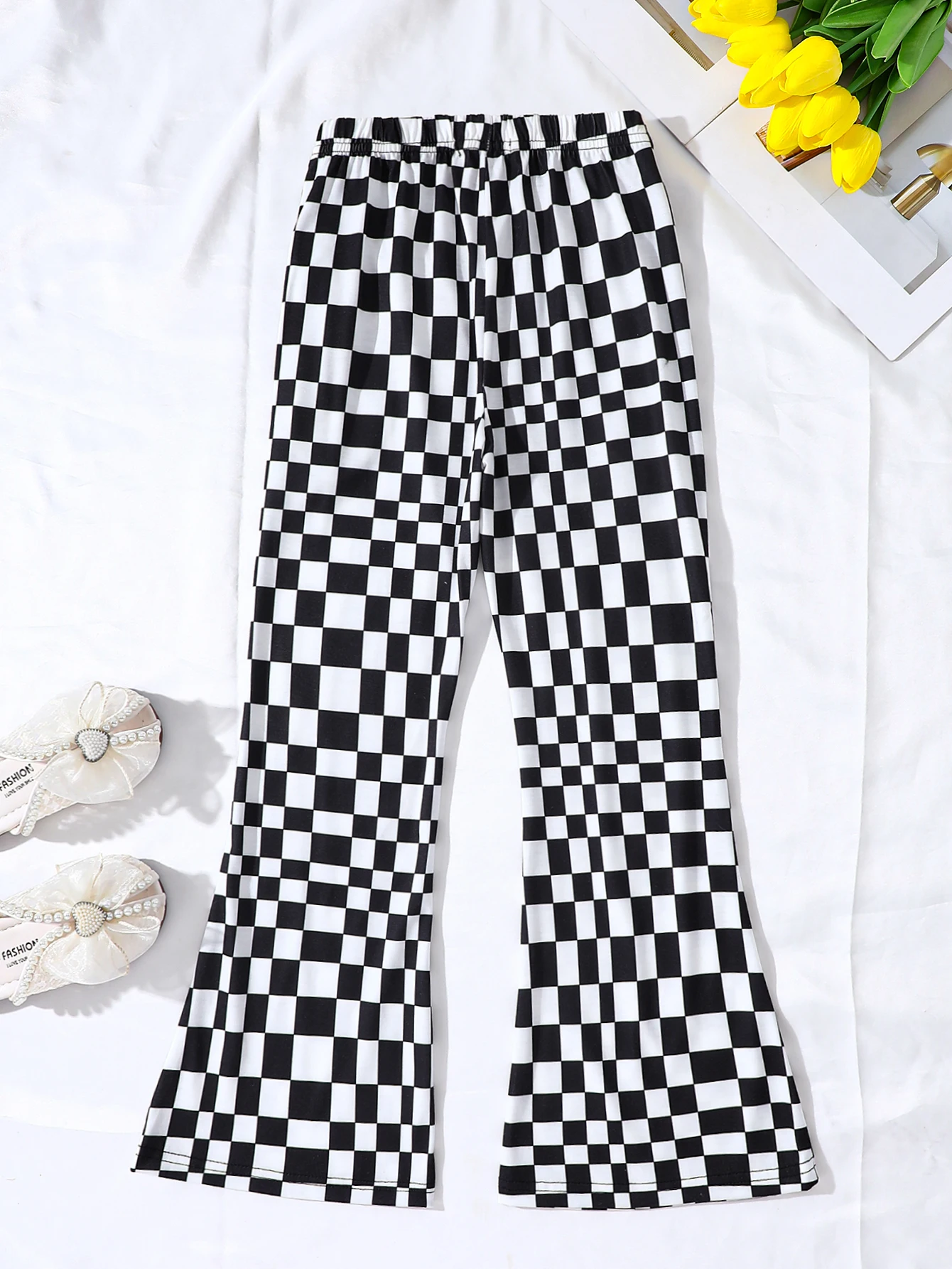 Spring Autumn Girls  Flare Pants With Black White Plaid Pocket Design  Flare Pants  Fashionable  High Grade Pants For Children