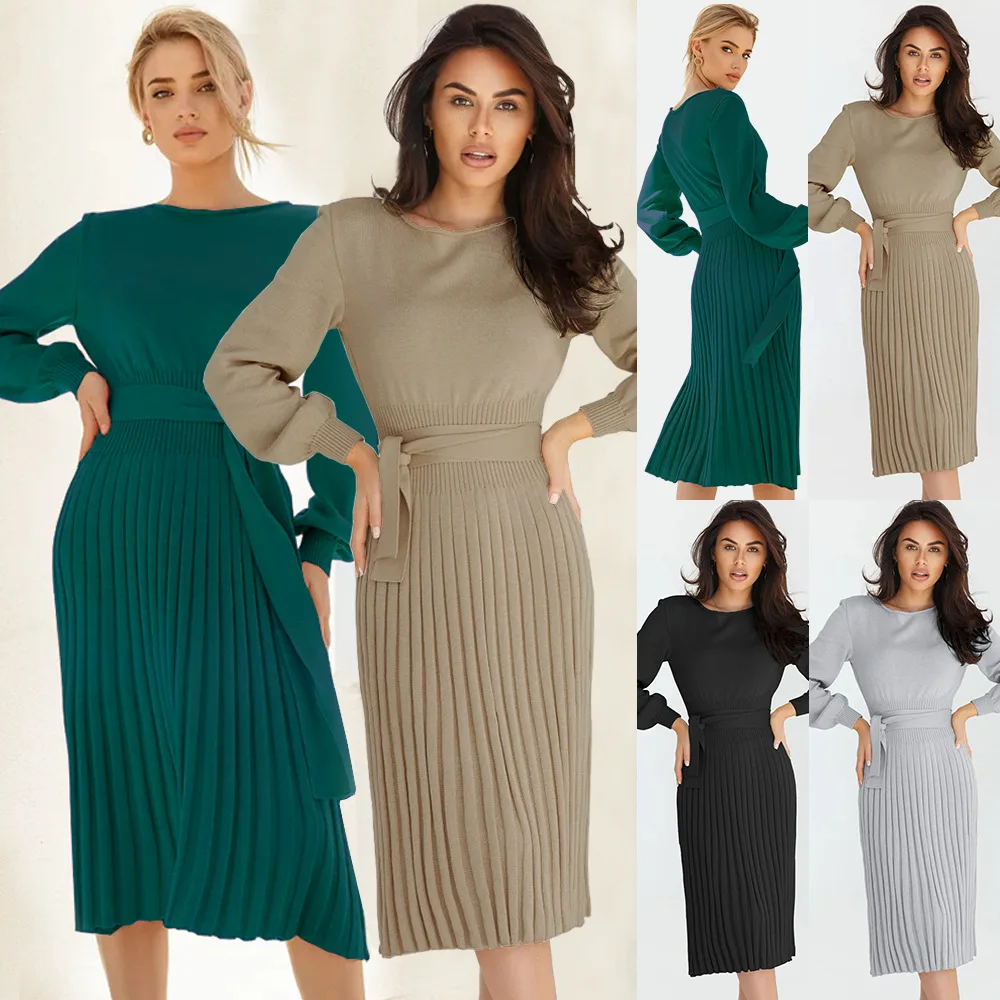 

Esuo Elegant Women Sweater Dresses Winter Knitted Belted Dresses Long Sleeve A-Line Sweaters Women Clothes Korean Maxi Dresses