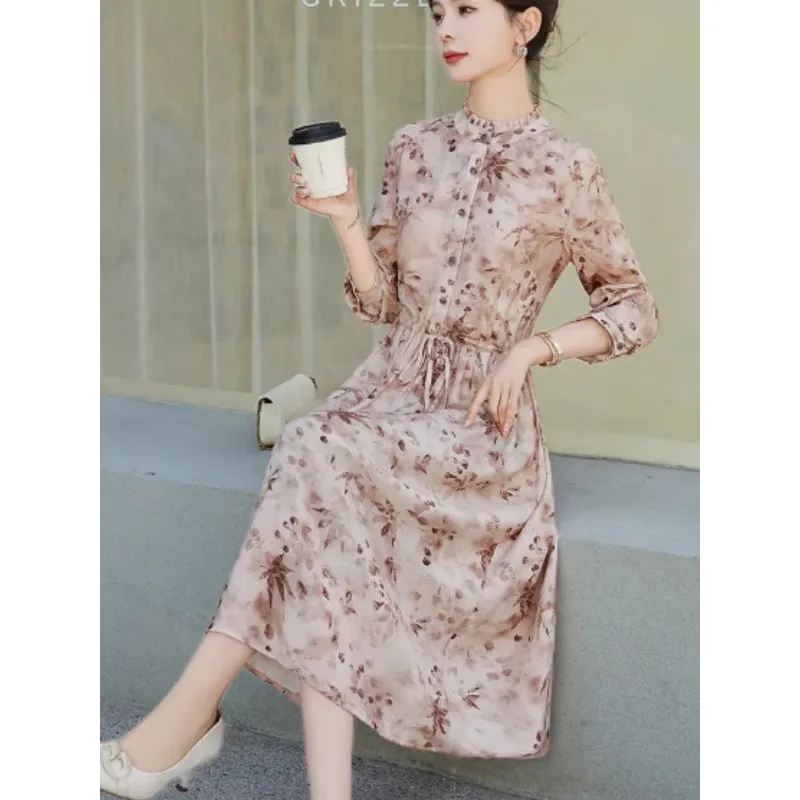 Womens Beige And Brown Floral Print Ruffled Stand Collar Three Quarter Sleeve Midi Dress With Drawstring Waist