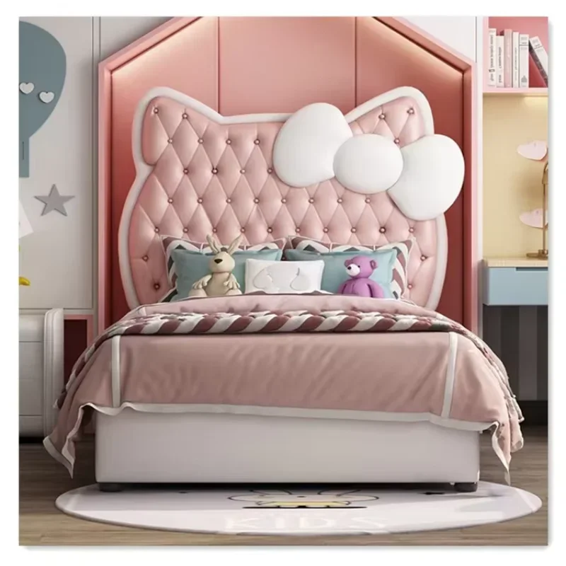 Modern eenpersoonsbed Houten frame lederen hoofdeinde Schattig roze kleur kinderbed prinses designmeubilair kinderbed voor slaapkamer