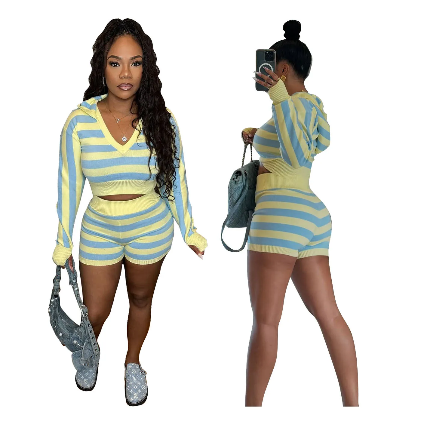 Knit Short Sets Women Striped Two Piece Sweater Pullovers Tracksuit V Neck Hooded Tops Slim Fit Shorts Suit Casual Skinny Autumn