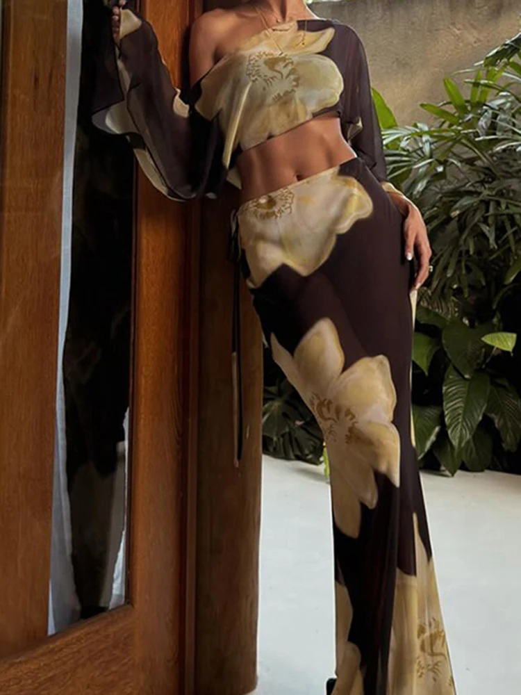 

Винтажный комплект для пляжного отдыха: элегантные шифоновые юбки с вырезами, сексуальные укороченные топы с открытыми плечами и юбки-полусолнце