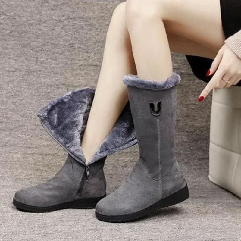 Women\'s Shoes Fashion Women Warm Chelsea High Fur Boots 2024 New Women Boots Mid-calf Plush Snow Flat Boots Zapatos Para Mujeres