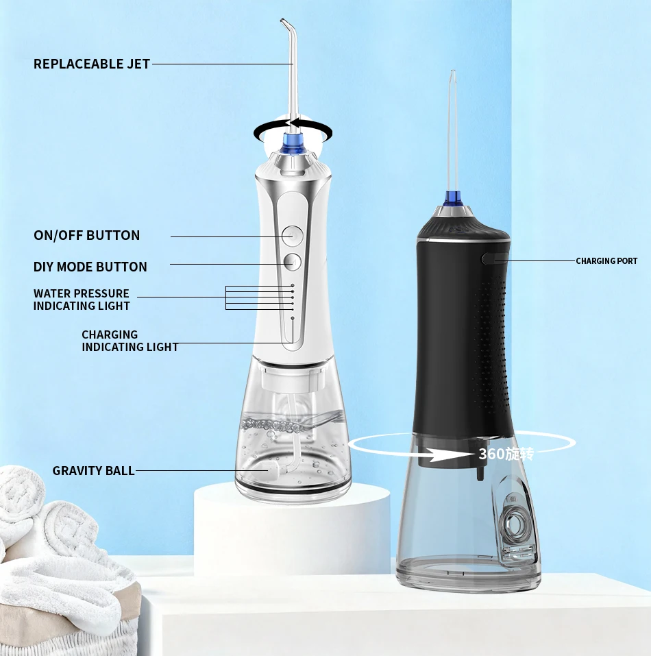 H2ofloss Kabelloser Tragbarer Wasserflosser 300ml 5 Modi IPX7 Wiederaufladbarer Mundduschen-Irrigator mit 5 Düsen 2500mAh Lokaler Versand – Detail 4
