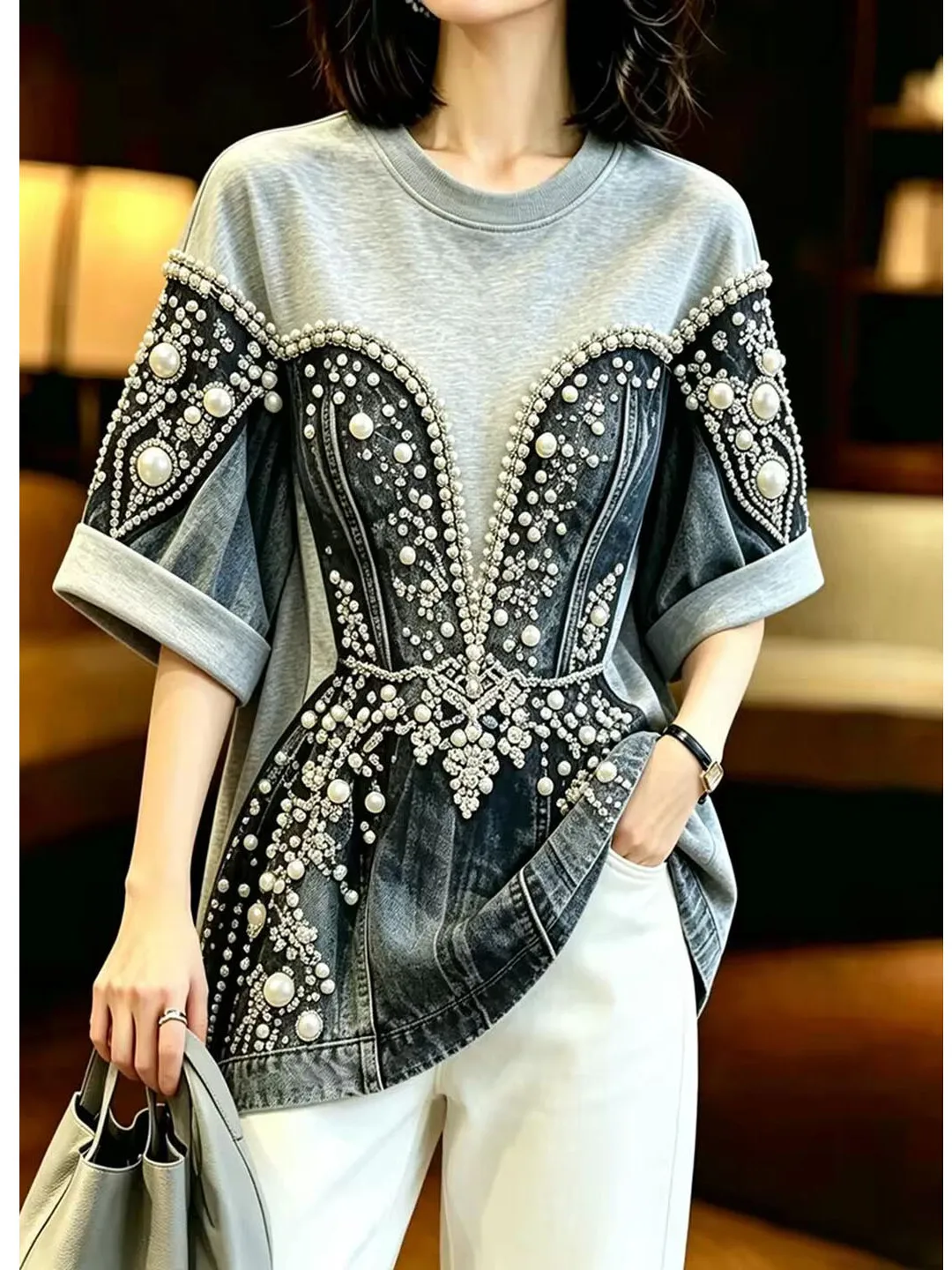 Summer Heavy Embellished Wide Sleeve Women's T-shirt Luxury Style plus Size Versatile High-End Feel Commute New