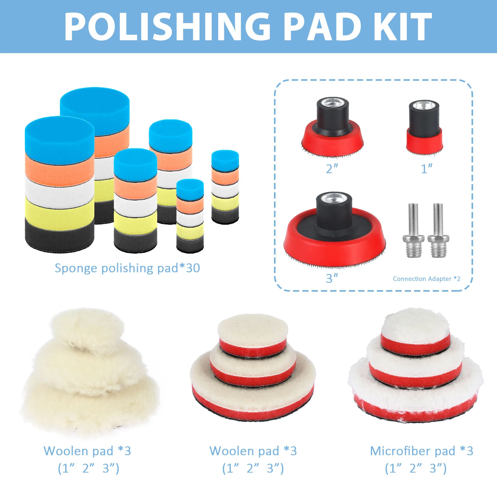 1/2/3inch Car Polishing Pad Kit 44Pcs Polishing Sponge Pads with M14 Thread Adapters Mix Size Microfiber Polishing Pad Reusable