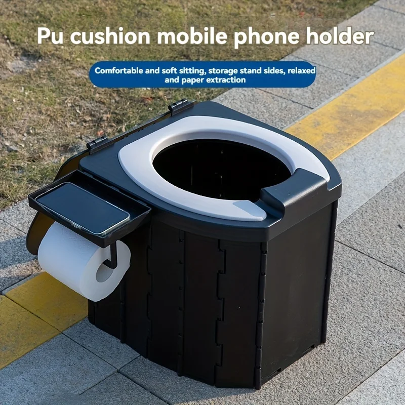 Portable Folding Toilet With PU Seat Cushion, Portable Toilet With Lid For RV, Car, Camping, Hiking, Travelling