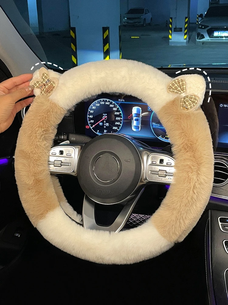 High-end Winter Plush Women Universal Round Cartoon Ear Cute Car Steering Wheel Cover Handle Cover