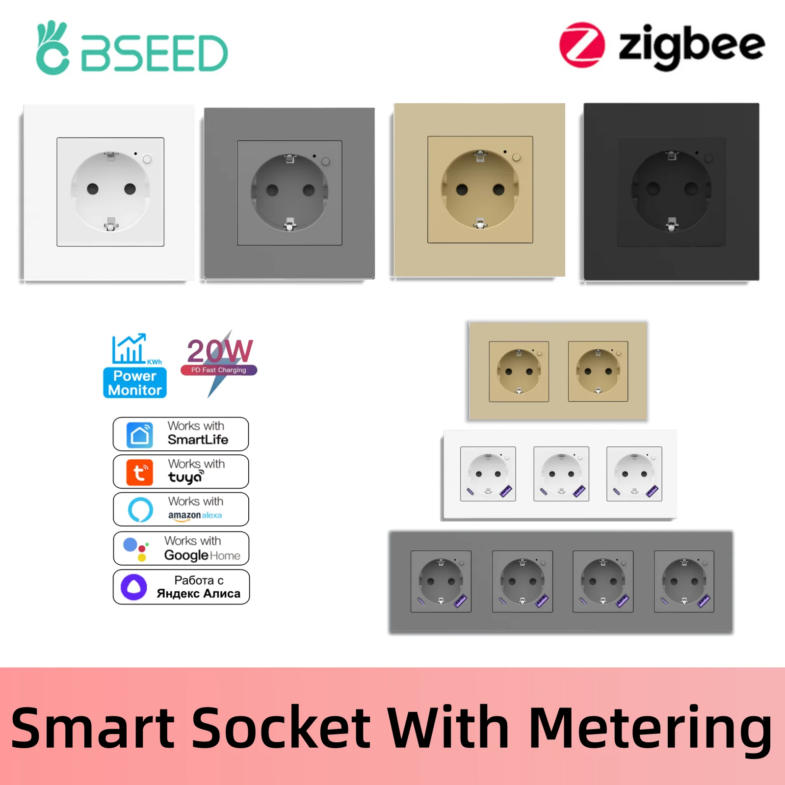 BSEED Smart Socket Zigbee E-Series 86mm Smart Power Monitor Sockets 16A USB Type-C Fast Charging For Tuya Google Alexa Alice