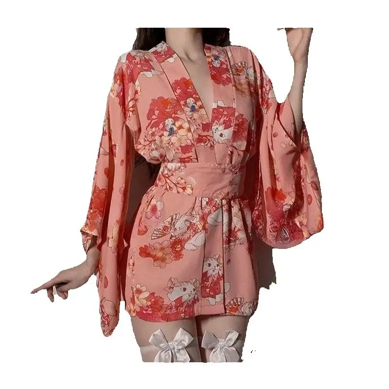 

Женское японское нижнее белье, сексуальные пижамы, кимоно с вишневым цветом, халат, ночная рубашка, комплект, соблазнительная горячая униформа