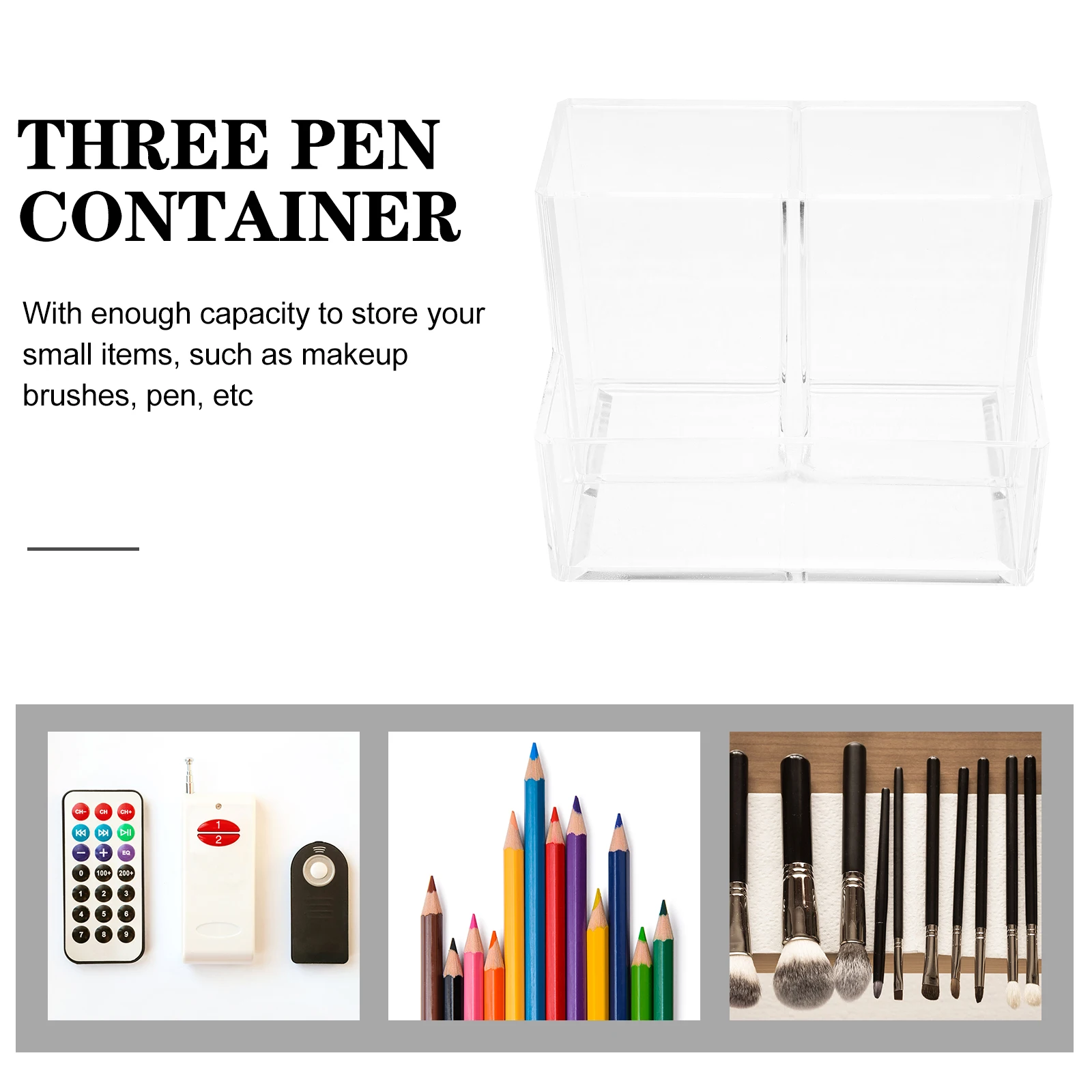 

Clear Acrylic Pen Holder Desktop Organizer 3 Compartment Stationery Storage Holder Makeup Brush Container Transparent Desk