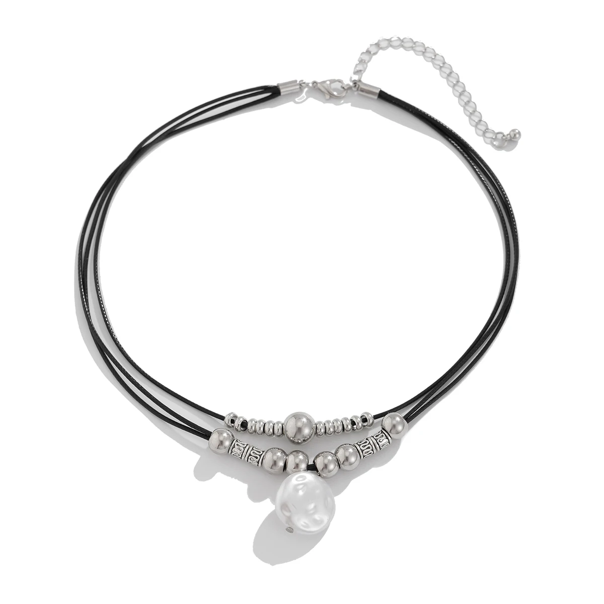 KunJoe Vintage Multilayer Leather Rope Chain Plastic Beads Choker Short Necklace Women Simple Imitation Pearl Pendant Necklace