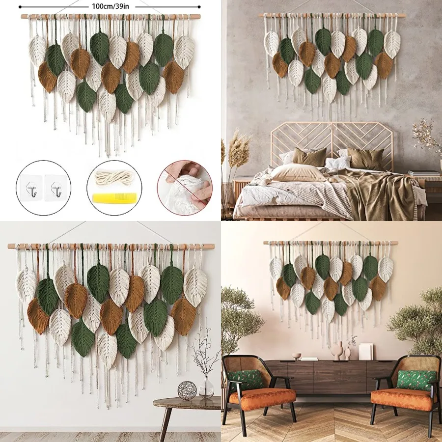 

Large Macrame Wall Hanging Boho Woven Tapestry, Chic Home Decor Modern Bohemian Handmade Leaf Feather Wall Art Decorations for